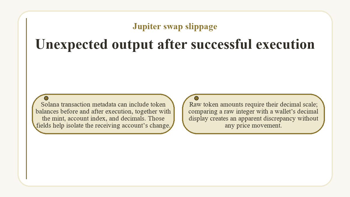 Unexpected output after successful execution: Solana transaction metadata can include token balances before and after execution, together with the mint, account index, and decimals. Those fields help isolate the receiving account’s change.; Raw token amounts require their decimal scale; comparing a raw integer with a wallet’s decimal display creates an apparent discrepancy without any price movement.